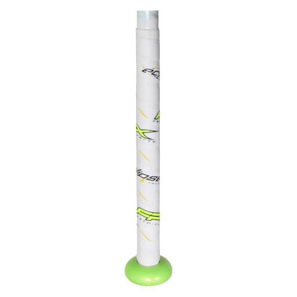 Bottom view of a white softball bat with green end cap and yellow Eclipse text.