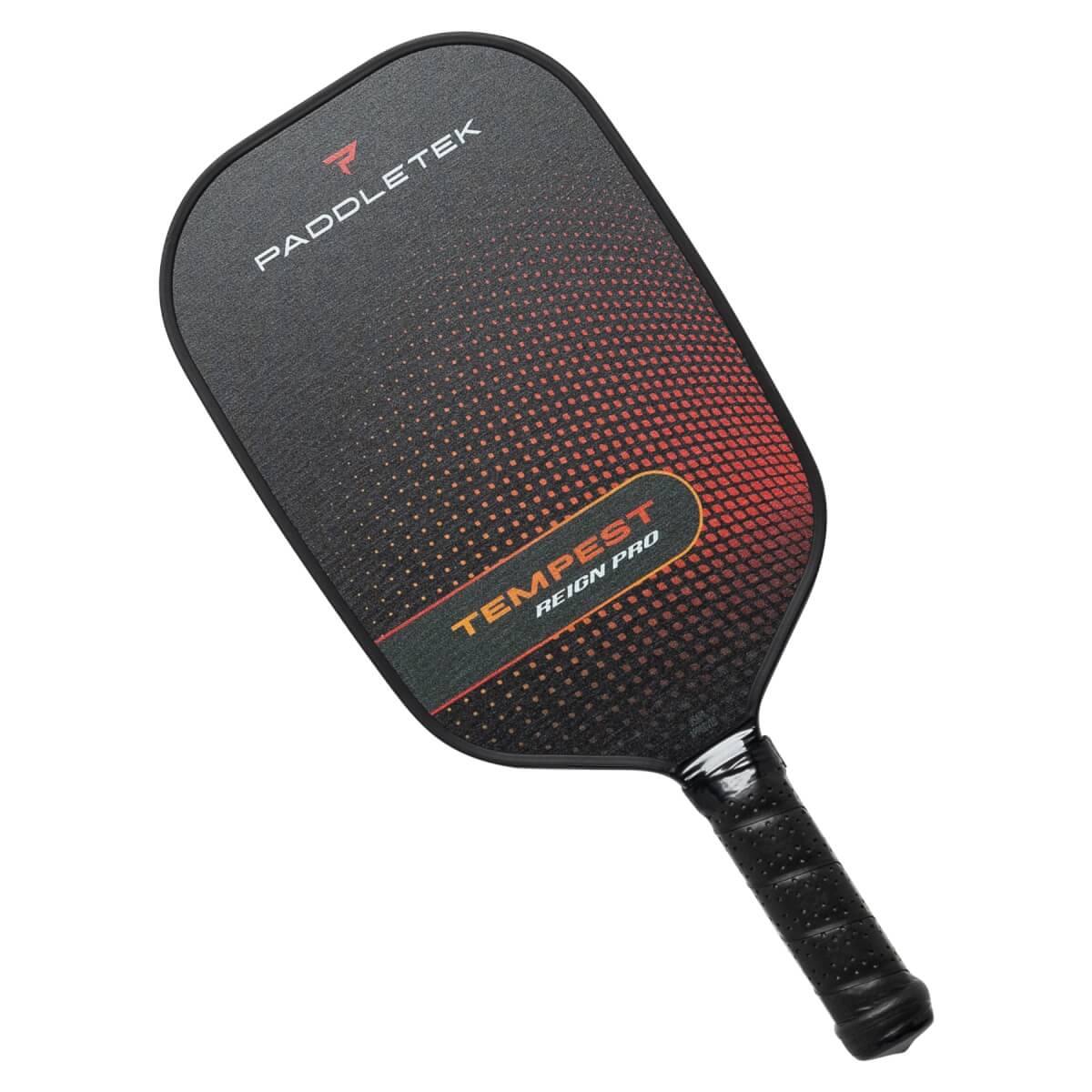 Top-down view of a black pickleball paddle with orange gradient dots and TEMPEST REIGN PRO text.