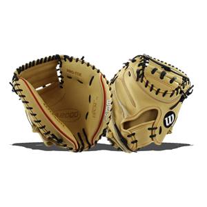 Top-down view of tan Wilson A2000 catchers mitt with black lacing and PRO-TOE text.
