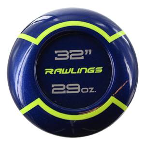 End view of a blue baseball bat with yellow accents, showing 32, RAWLINGS, and 29oz.