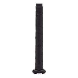 Close-up of a black baseball bat grip with a textured pattern and a glossy black knob.