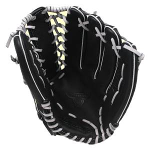 Interior view of a black baseball glove with white lacing and a bull logo.