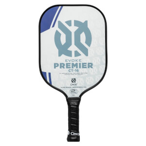 Front view of a white pickleball paddle with blue accents, EVOKE PREMIER CT-16 text, and Onix branding.