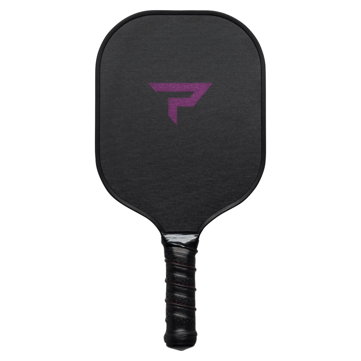 Front view of a black pickleball paddle with a purple P logo and a textured grip.