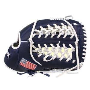 Side view of a navy blue baseball glove with white lacing and an American flag patch.