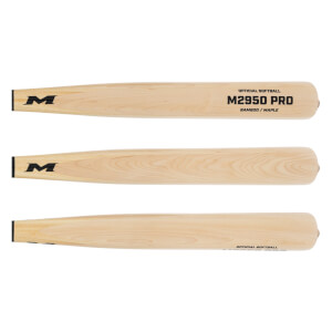 Multiple side views of a natural wood softball bat with black M logo, M2950 PRO, and BAMBOO / MAPLE text.