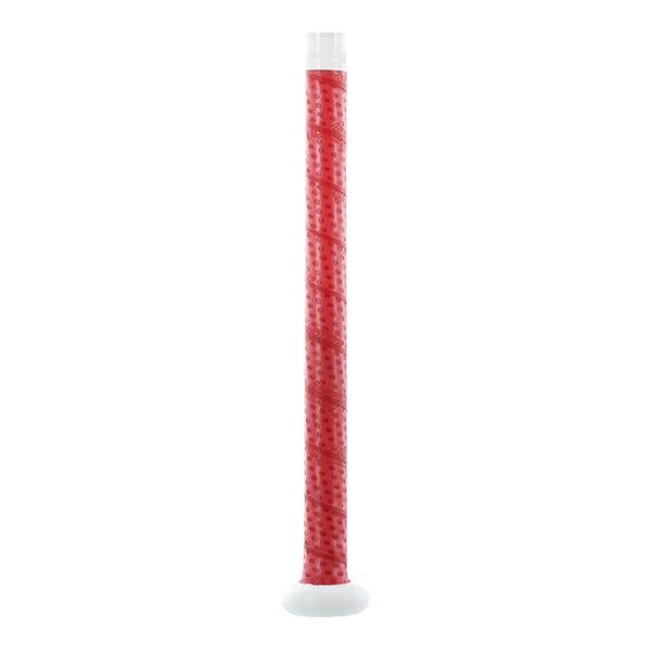 Close-up of a red baseball bat grip with a spiral pattern and white end cap.