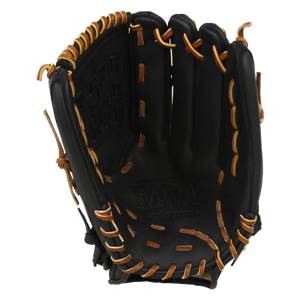 Interior view of a black baseball glove with tan lacing and embossed MVP logo.