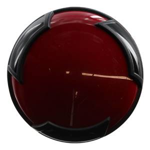 Top-down view of a red baseball bat end cap with black accents.