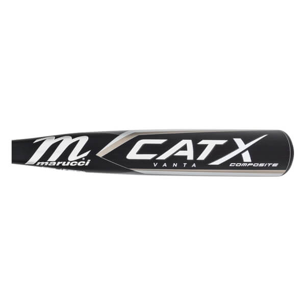 Side view of a black baseball bat with white marucci and CATX logos, and VANTA COMPOSITE text.