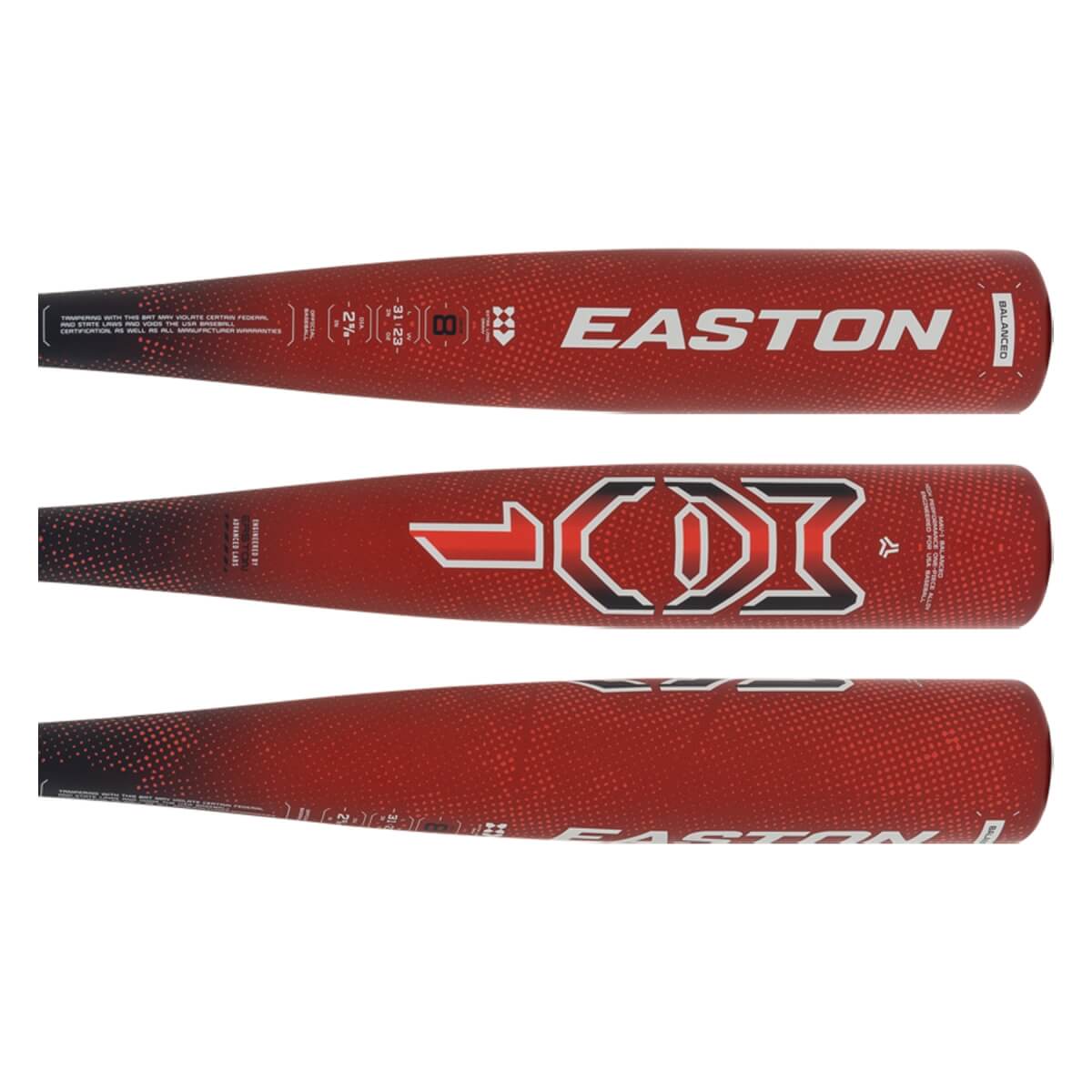 Top view of a red Easton baseball bat with a textured pattern and EASTON logo.