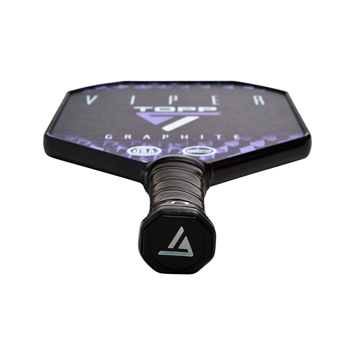 Top-down view of a black pickleball paddle with TOPP VIPER GRAPHITE text and a white triangle logo.