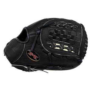 Side view of a black baseball glove with a Miken logo and woven finger inserts.