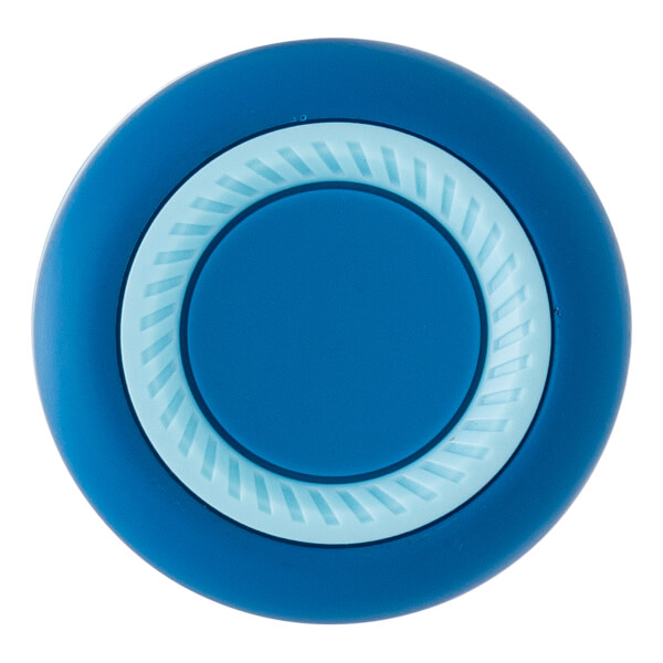 Top-down view of a blue baseball bat end cap with a light blue textured ring.