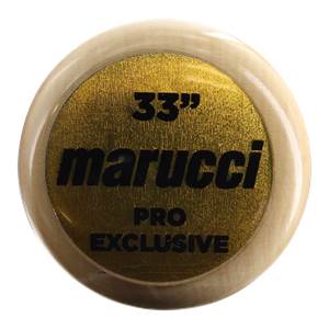 End view of a light wood baseball bat with a gold circular decal showing 33, marucci, PRO, and EXCLUSIVE.
