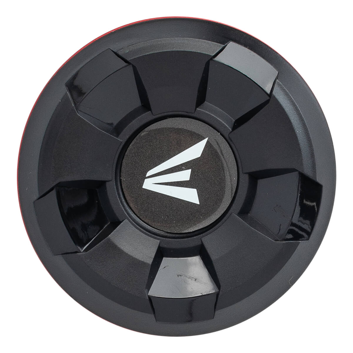 Top-down view of a black baseball bat end cap with a white Easton logo and segmented black design.