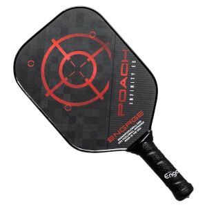 Top-down view of a black pickleball paddle with a red target design, POACH INFINITY EX text, and Engage branding.