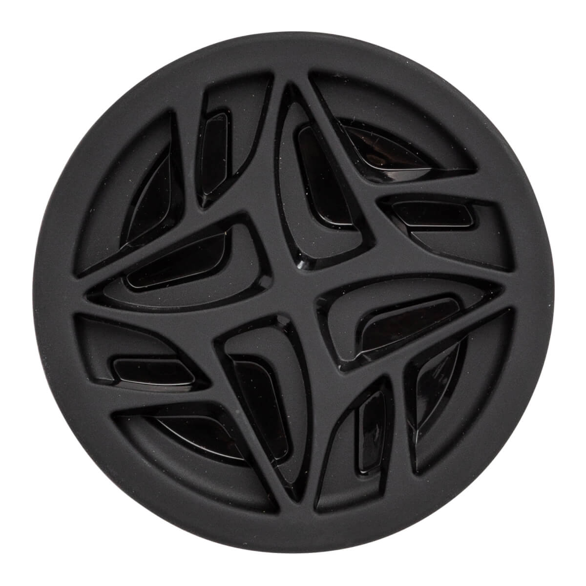 Top-down view of a black baseball bat end cap with a geometric cutout pattern.