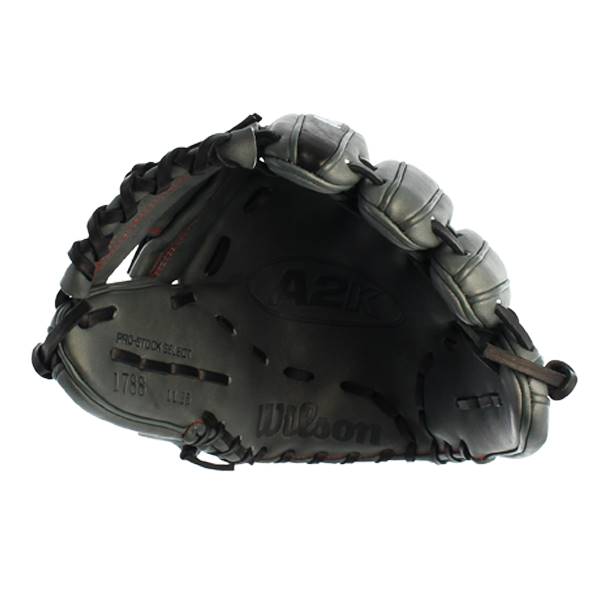 Top-down view of a black Wilson A2K glove with A2K and Wilson branding, and PRO-STOCK SELECT text.