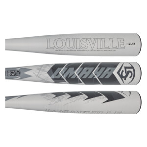 Side view of a white baseball bat with LOUISVILLE -10 and OMAHA text.