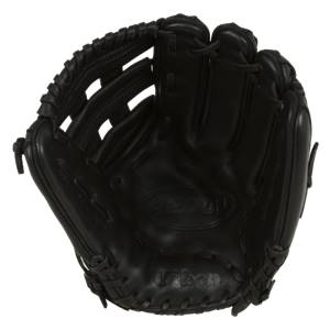Top-down view of a black Wilson A2000 glove with A2000 embossed on the palm and Wilson on the wrist strap.