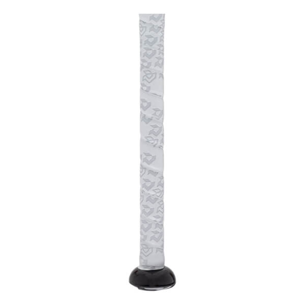 Close-up view of the bat handle featuring light grey grip tape with a repeating dark grey logo pattern and a smooth black knob at the base.