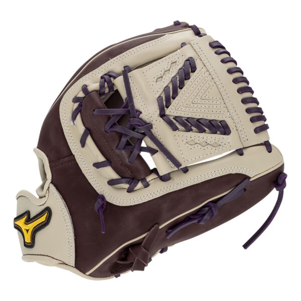 Side view of a brown and tan softball glove with purple lacing and a yellow Mizuno logo.