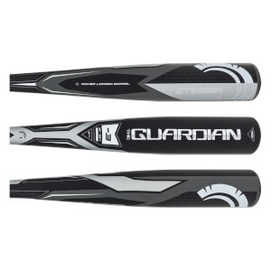 Multiple barrel views of the black and gray bat featuring "THE GUARDIAN" and "STINGER" text with bold white geometric graphics and a feathered crest logo.