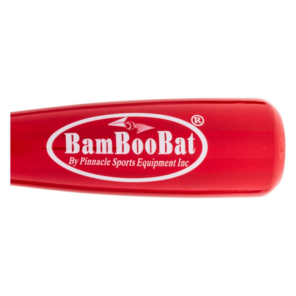 Close-up of a red BamBooBat with white text and a registered trademark symbol.
