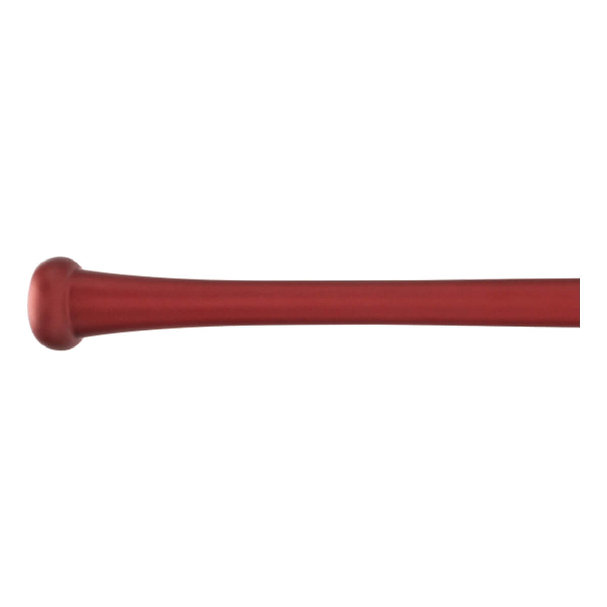 Side view of a red baseball bat with a rounded knob.