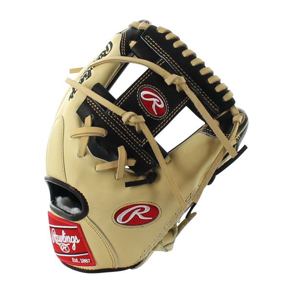 Front view of a tan baseball glove with black accents and red Rawlings branding.
