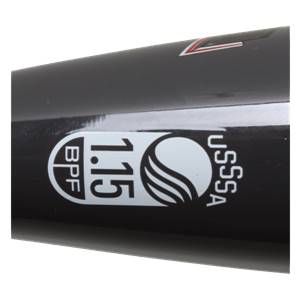 Close-up of a black baseball bat with BPF 1.15 and USSSA logos.