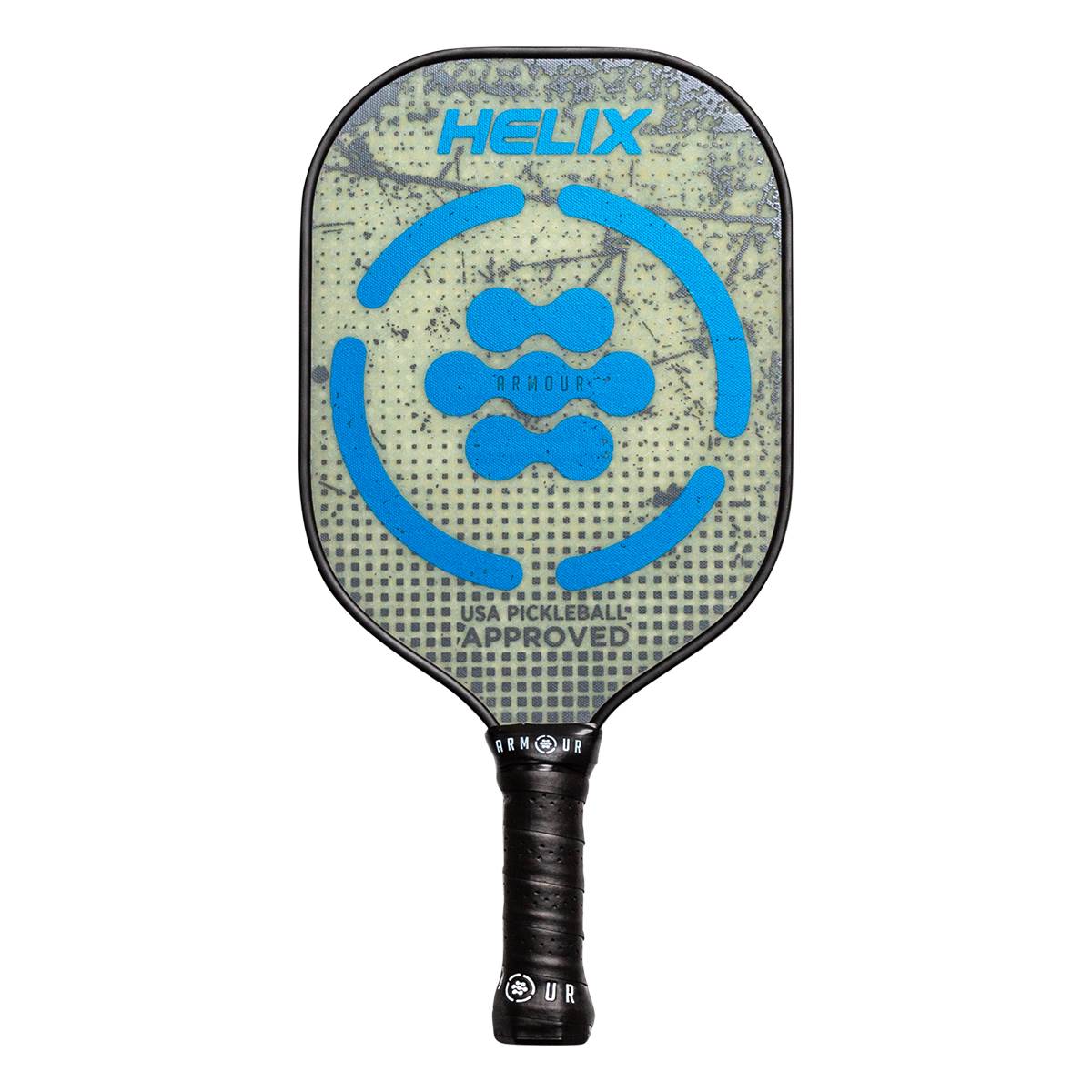 Front view of a grey pickleball paddle with blue HELIX branding and USA Pickleball Approved text.