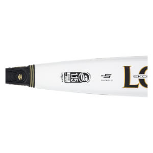Side view of a white Louisville Slugger baseball bat with black grip, USSSA logo, and EKO branding.