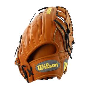 Side view of a tan baseball glove with Wilson and A2000 branding.