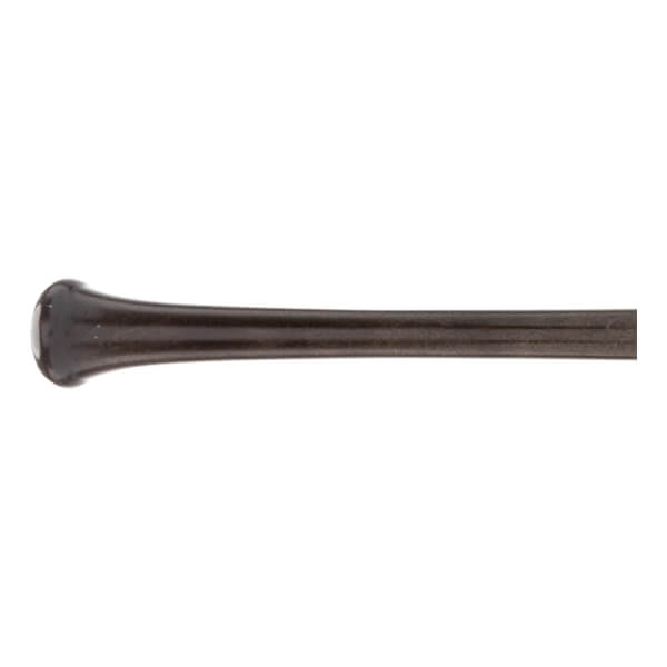 Side view of a dark brown baseball bat with a flared knob and a smooth barrel.