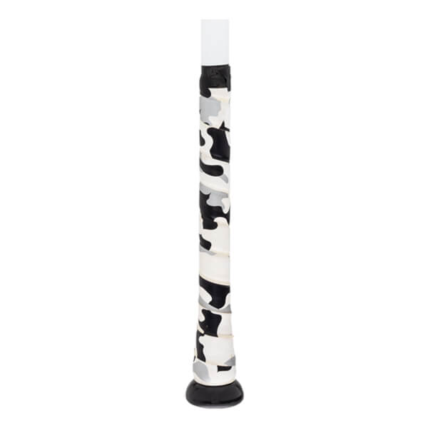 Close-up of a black baseball bat handle with a white, black, and gray camouflage grip.