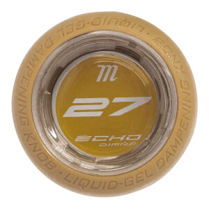 Top-down view of a gold softball bat knob with a central m 27 ECHO DMND logo and LIQUID-GEL DAMPENING KNOB text.