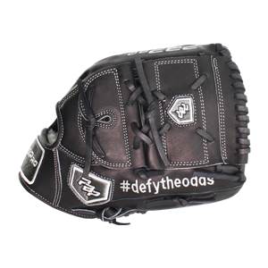 Front view of a black baseball glove with white stitching, a logo, and #defytheodds.