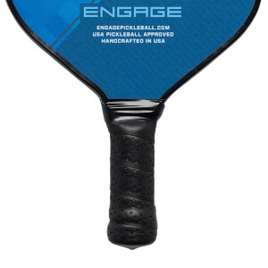 Close-up of a black pickleball paddle grip with perforated texture and the Engage logo.