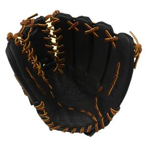 Front view of a black baseball glove with tan lacing and EASTON text.