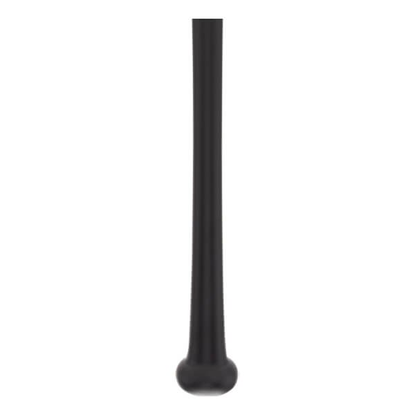 Close-up view of the matte black tapered handle and rounded knob at the base of the bat.