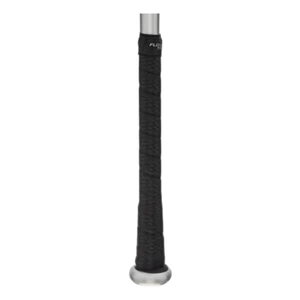 Close-up of a black baseball bat grip with FLOW text and a silver end cap.