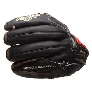 Side view of a black baseball glove with Rawlings logo and THE GOLD GLOVE CO.,™ text.