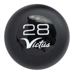 Close-up of a black baseball bat knob with a glossy circular label showing white 28 and Victus logo.