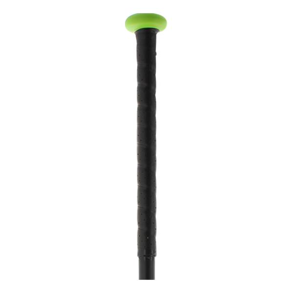 Close-up of a black softball bat grip with a bright green end cap.