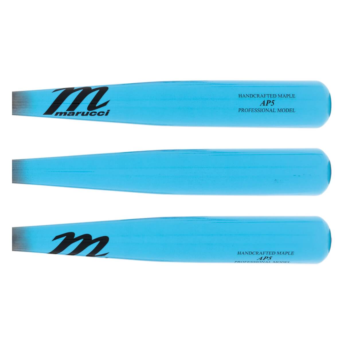 Side view of three light blue maple baseball bats with black Marucci logos and AP5 model text.