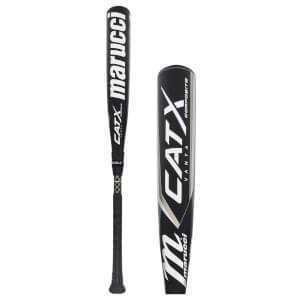 Side view of a black Marucci CATX Vanta baseball bat with white lettering and a textured grip.