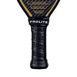 Close-up of a black pickleball paddle grip with a perforated texture and the PROLITE logo.