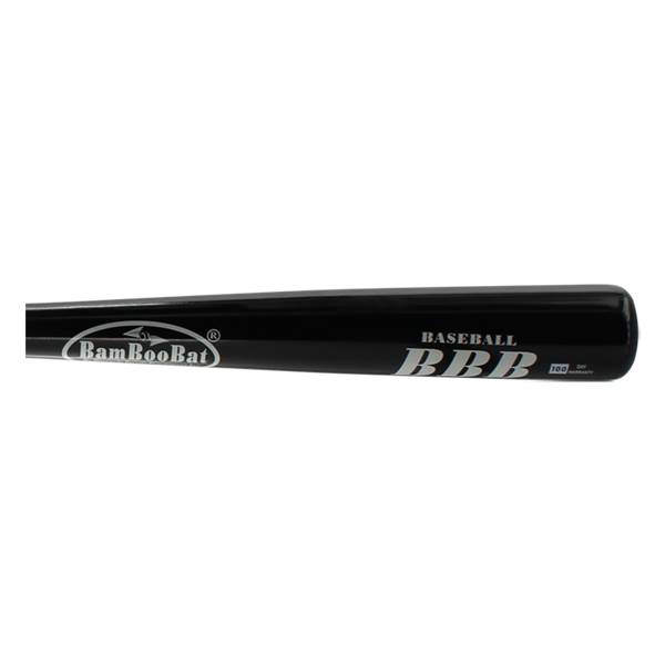 Side view of a black baseball bat with BamBooBat logo and BBB 100 text.